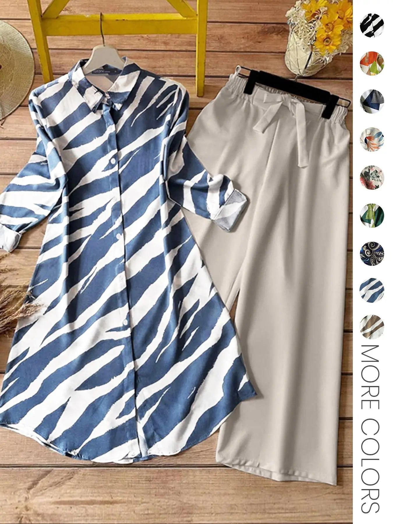 Ensemble deux pièces pour femme, chemise boutonnée à imprimé intégral et pantalon large, haut décontracté à manches longues et col, pantalon pour un usage quotidien, vêtements féminins pour toutes les saisons