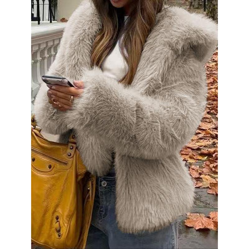 Veste à capuche en fausse fourrure décontractée pour femmes, style court, pour l'automne et l'hiver, épaisseur de tissu modérée, coupe ajustée, couleur marron café, manteau d'extérieur basique