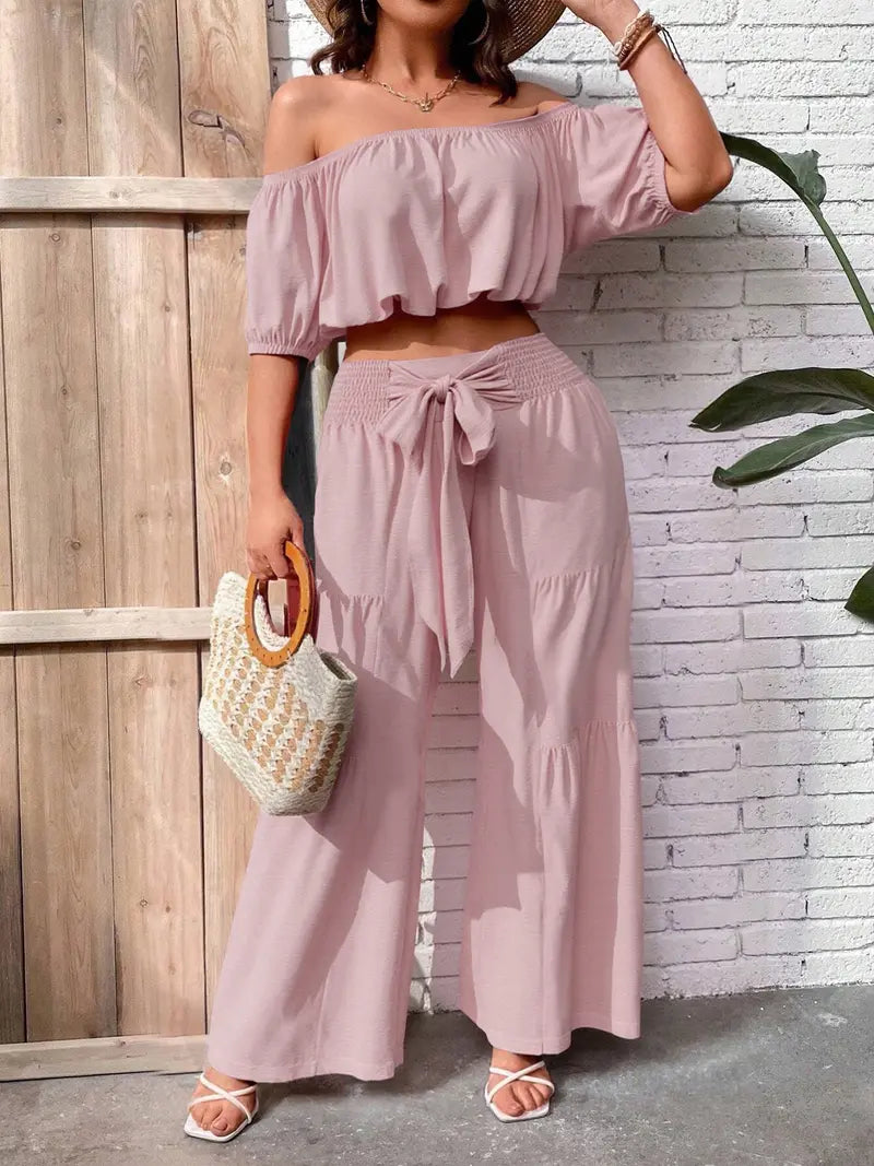 Ensemble pantalon femme couleur unie à jambes larges, haut décontracté à épaules dénudées et pantalon palazzo pour l'été, tenue de vacances à la plage pour femme.