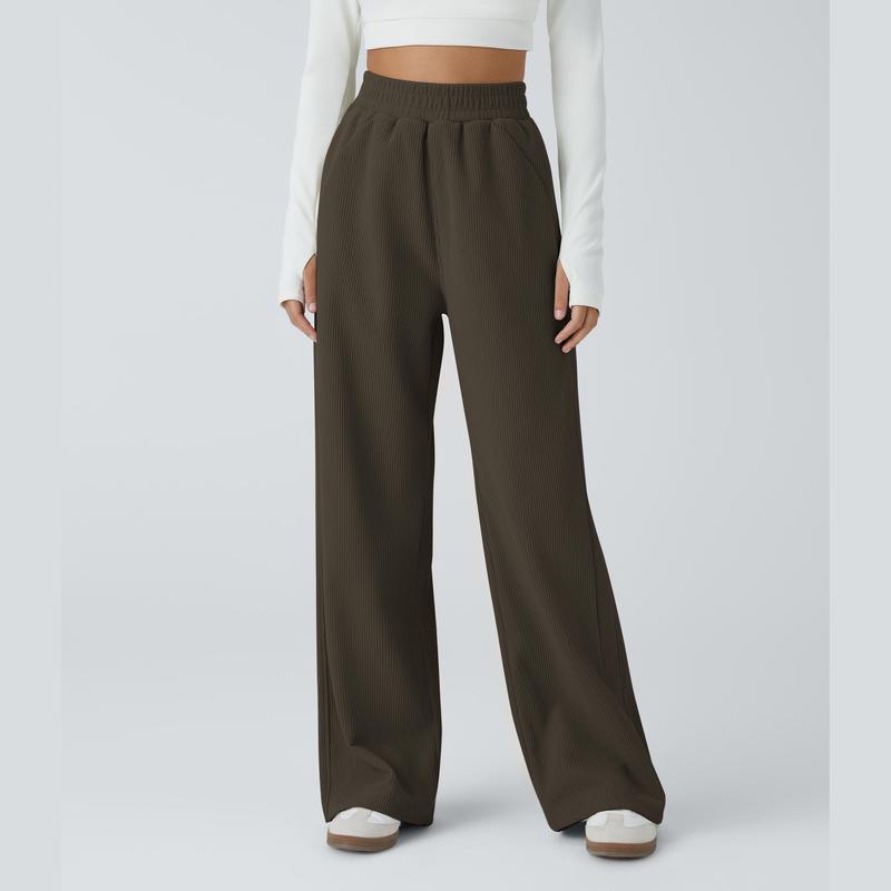 Pantalon décontracté en velours côtelé, coupe droite, taille haute, avec poches latérales