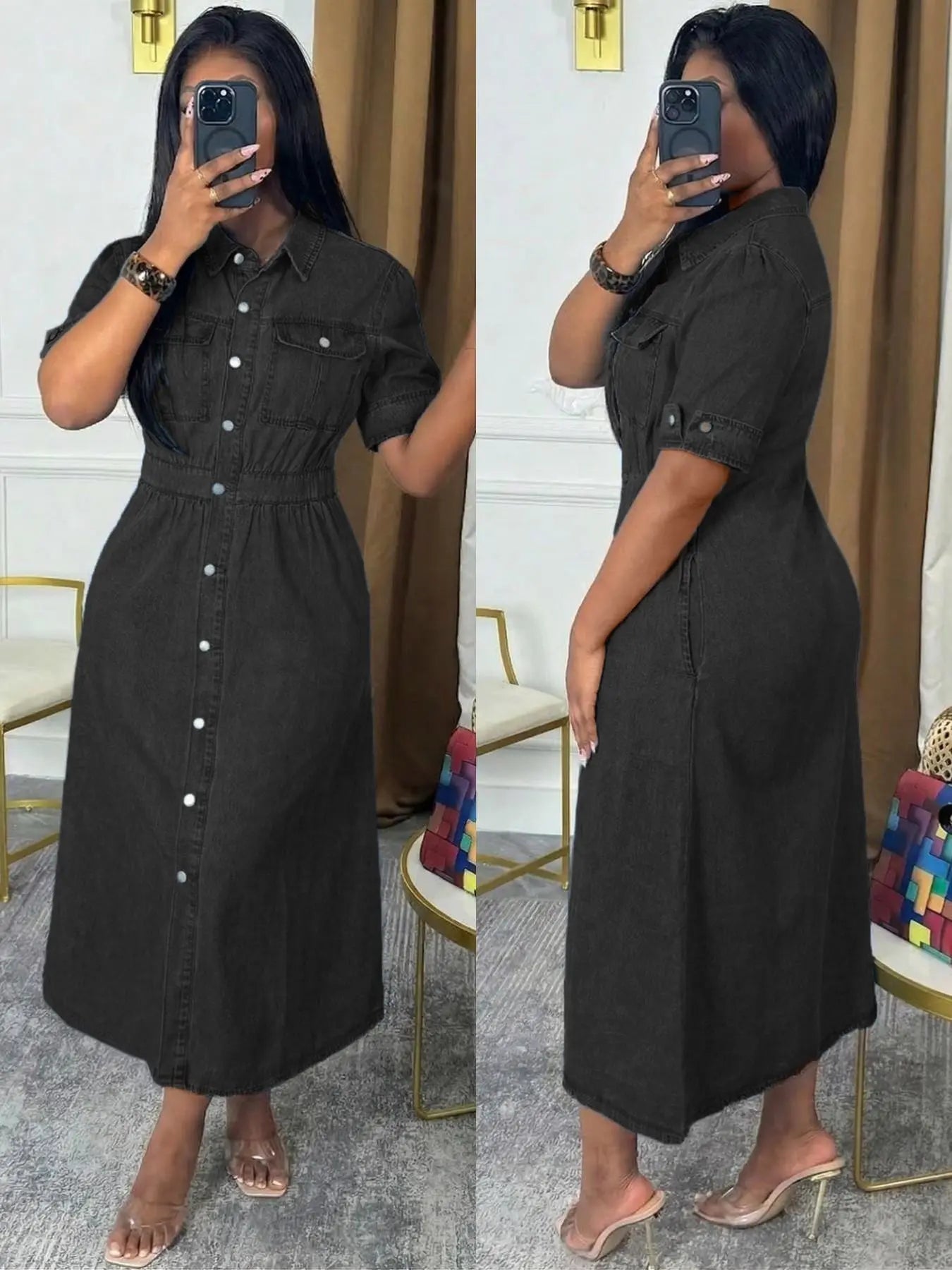 Robe Chemise en Jean Chic - Coupe Midi Boutonnée avec Poches Poitrine et Manches Retroussées | Robe en Jean Décontractée Facile à Porter