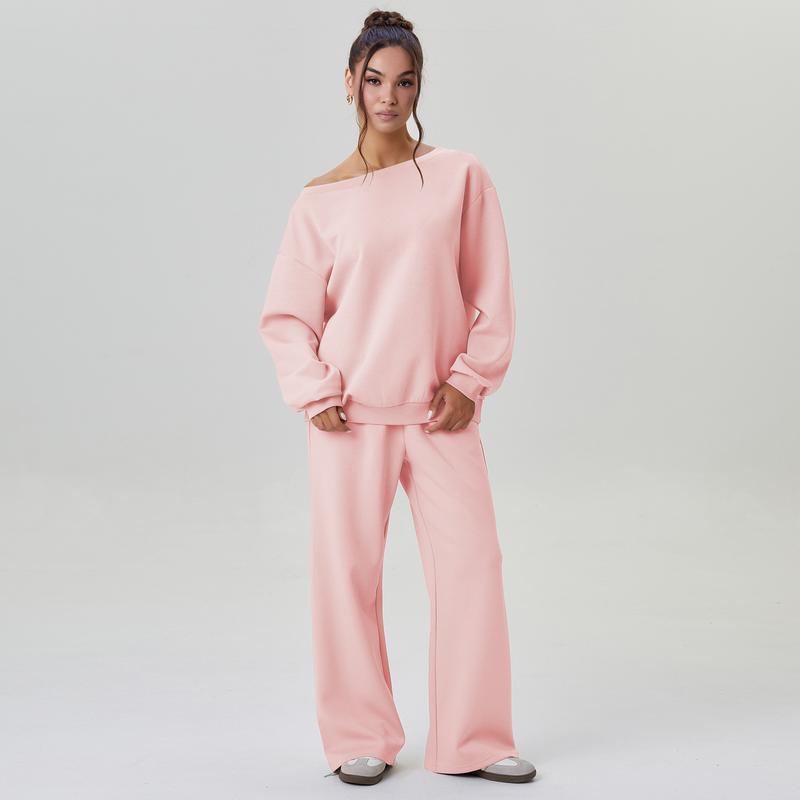Ensemble deux pièces décontracté pour femme, couleur unie, haut à manches longues et épaule tombante, et pantalon large, confortable, décolleté rond, ample, basique.