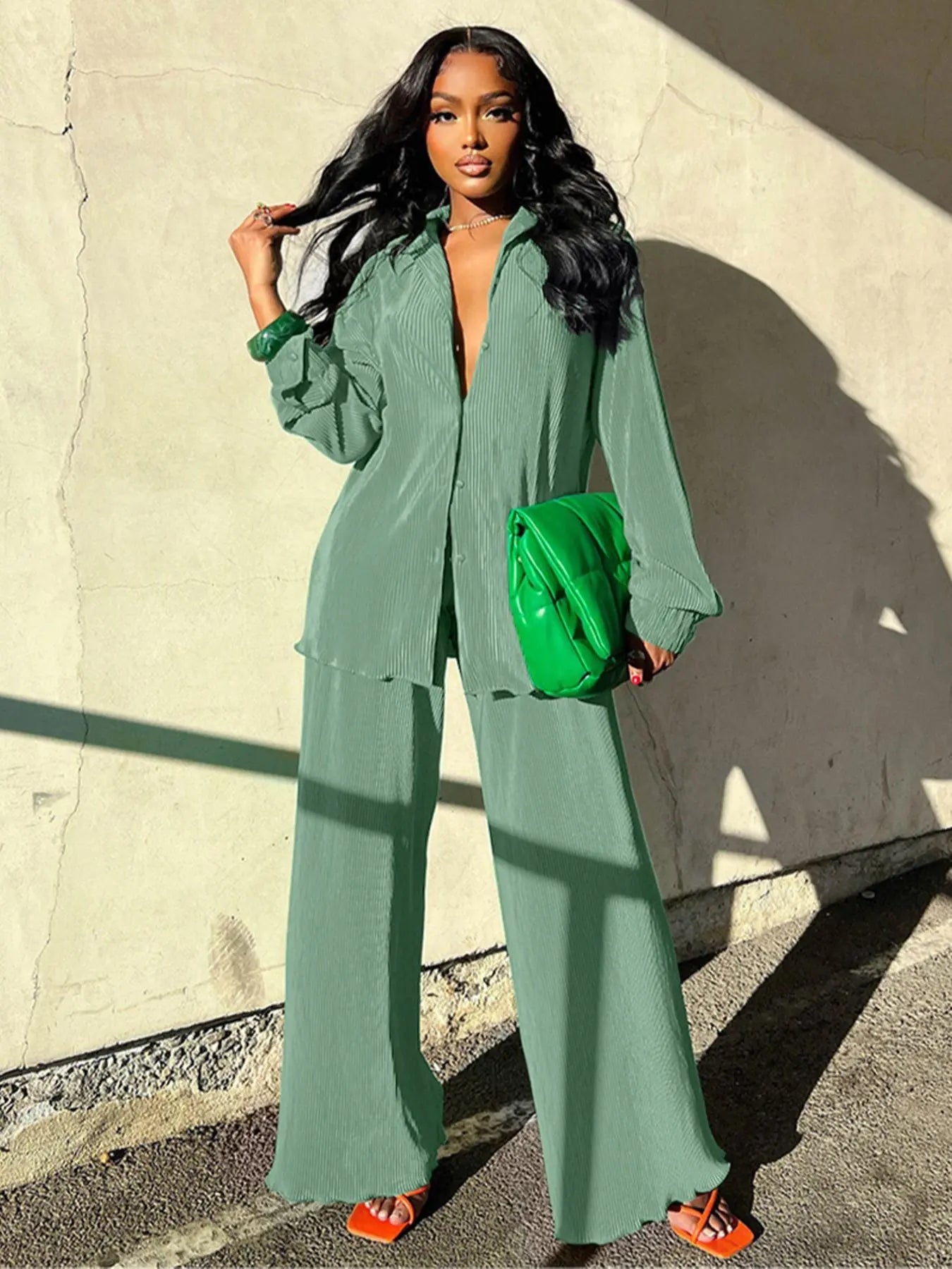 Ensemble deux pièces chemise unie boutonnée et pantalon taille élastique pour femme