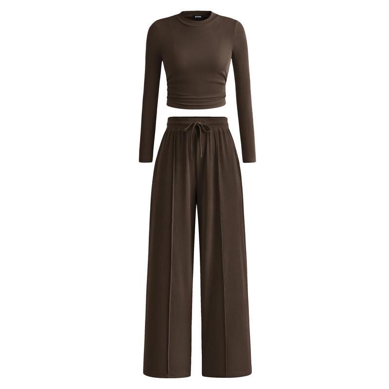 Ensemble de salon assorti 2 pièces en tricot côtelé : haut court à manches longues et pantalon large