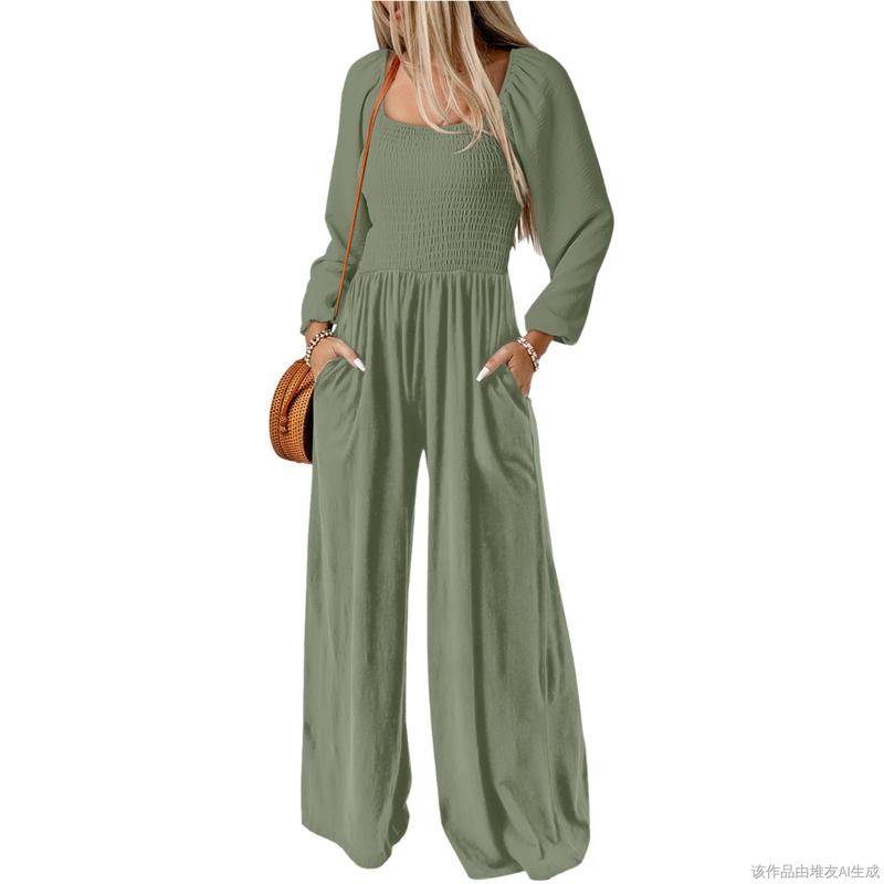 Salopette ample décontractée pour femme, combinaison une pièce à manches longues, jambes larges, pantalon long, barboteuse avec poches