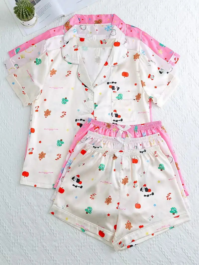 Ensemble de pyjama pour femme de couleur unie avec nœud contrastant, chemise à manches courtes boutonnée avec col à revers et short, pyjama d'été pour femme et vêtements de détente