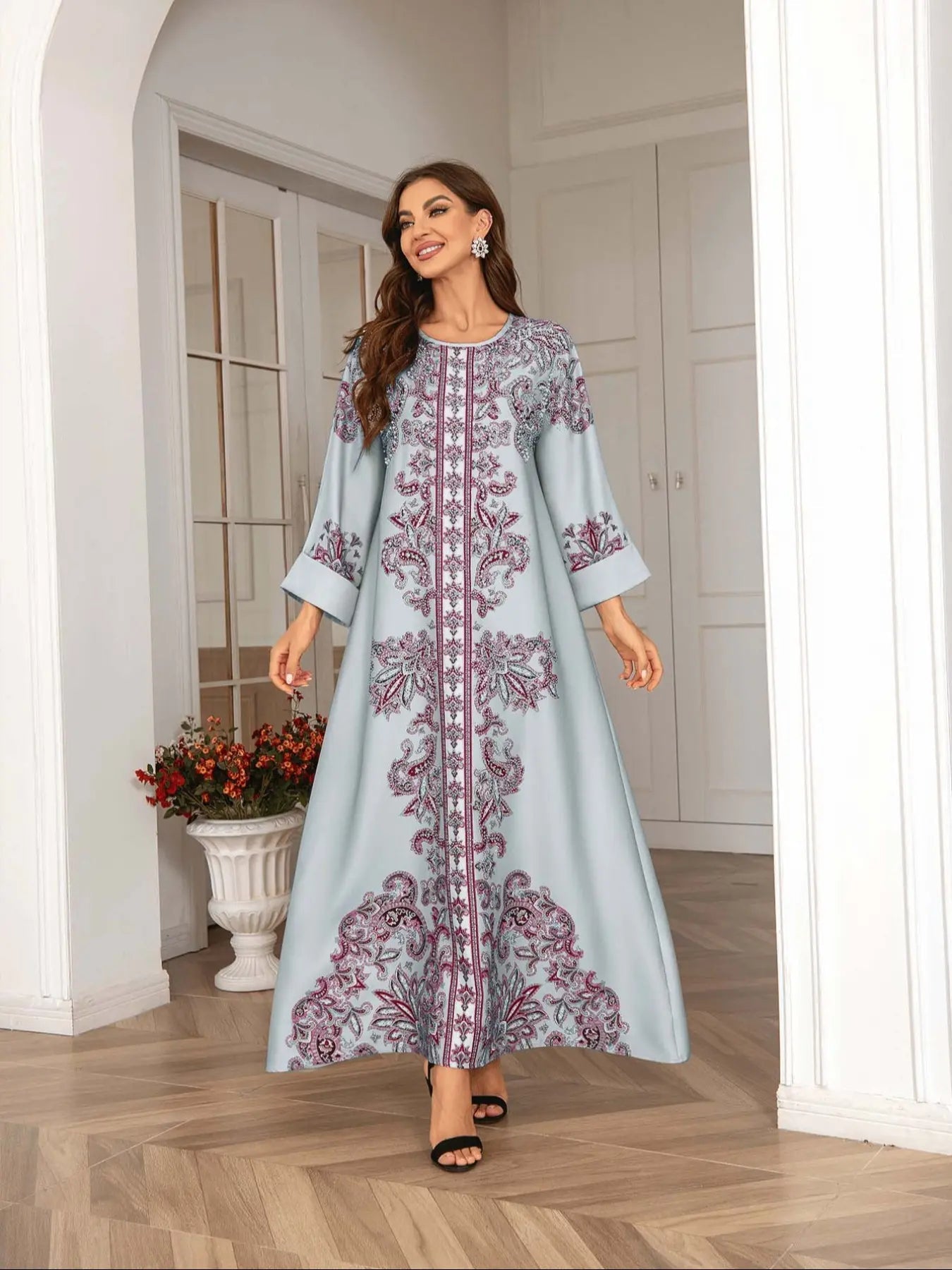 Robe longue bohème élégante pour femmes musulmanes, imprimé intégral, coupe ample, col rond, manches à revers, manches longues, toutes saisons