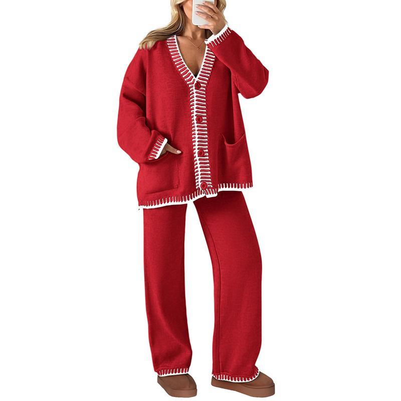 Ensemble 2 pièces tricoté pour femme, tenues d'hiver assorties, loungewear, cardigans à manches longues et col en V, pantalons amples, survêtements