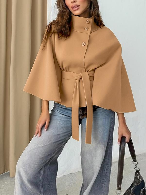 Manteau cape en laine uni à boucle pour femme, vêtement d'extérieur décontracté pour l'automne et l'hiver, chic pour les sorties quotidiennes, vestes