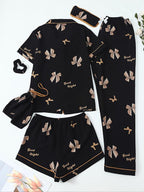 Women's All Over Print Top & Shorts & Pants & Accessories Pyjama Set, Casual Comfy Pj Set, Ladies Sleepwear for All Seasons
