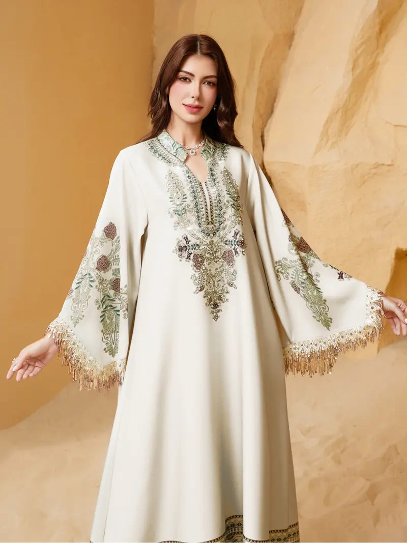 Robe longue élégante pour femme, coupe ample, imprimé ethnique, laçage, toutes saisons, parfaite pour les soirées et les événements spéciaux