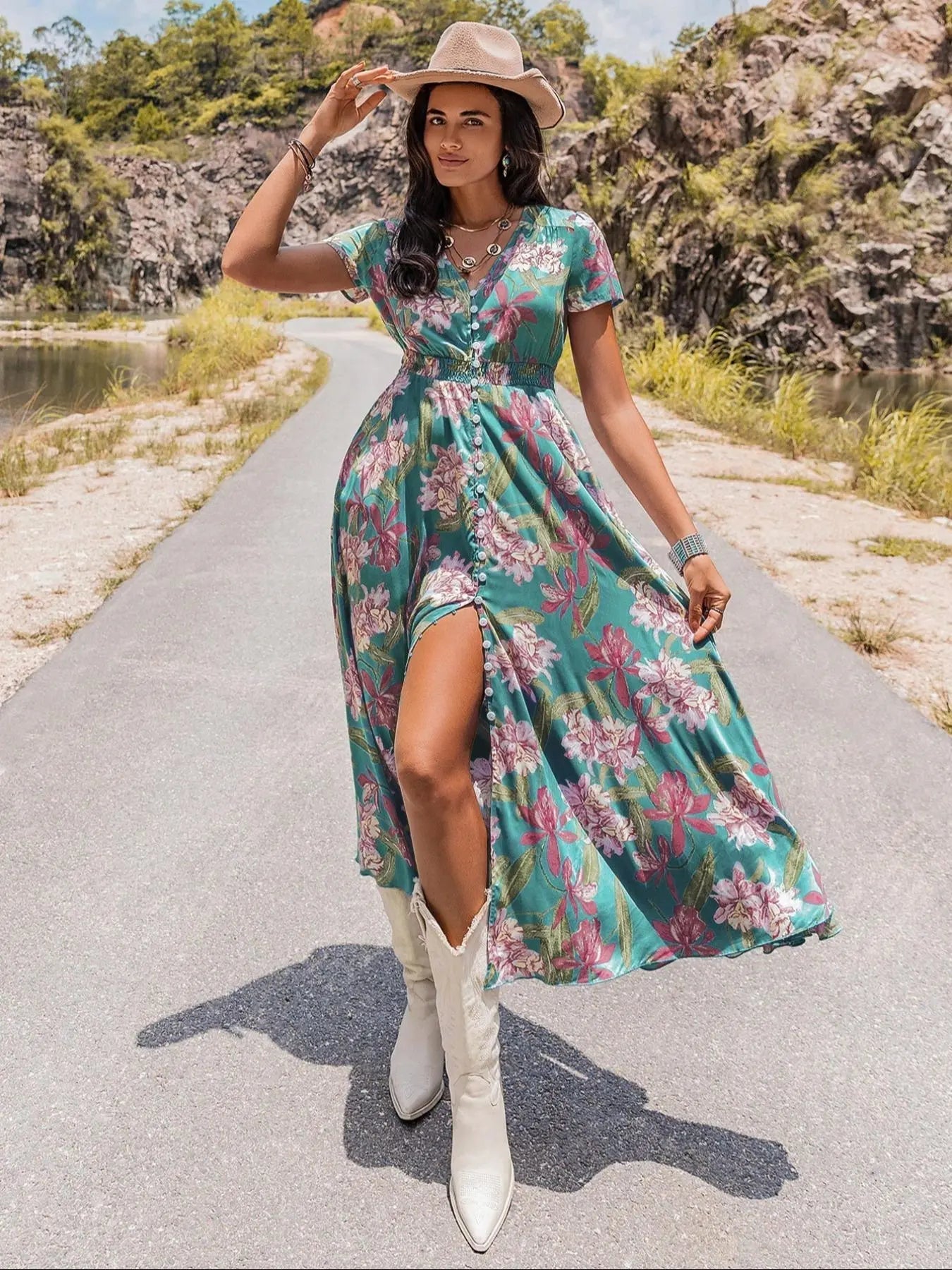 Robe Bohemienne Femme à Imprimé Floral avec Boutons, Robe Décontractée à Manches Courtes et Col en V avec Poches, Robe Bohème Chic pour Vacances d'Été à la Plage