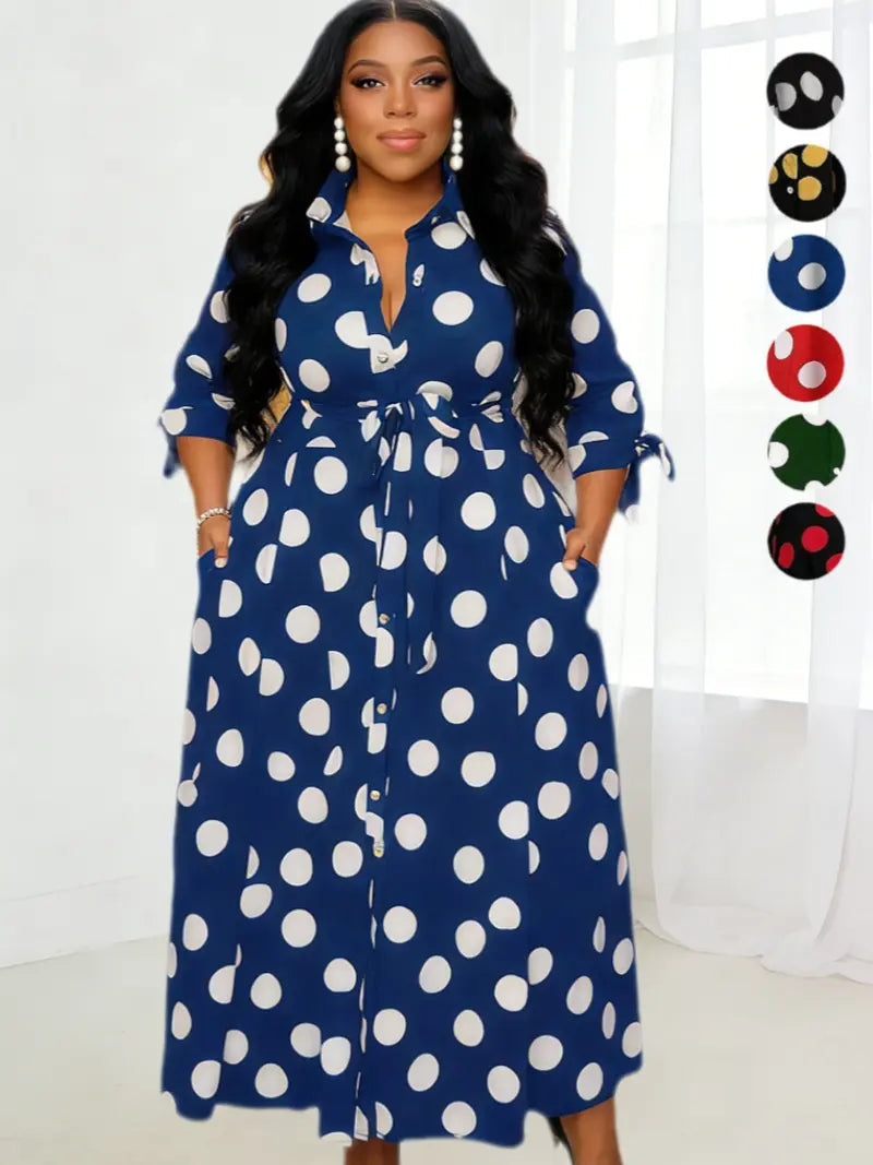 Robe chemise grande taille à pois avec ceinture et boutons devant