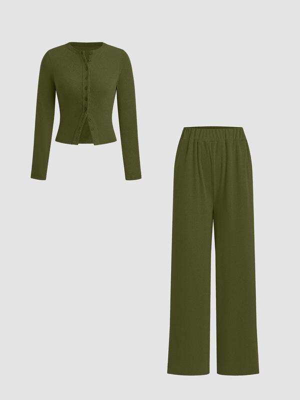 Ensemble deux pièces décontracté femme, haut à manches longues et col rond coupe slim et pantalon, motif uni, tissu modéré, automne-hiver