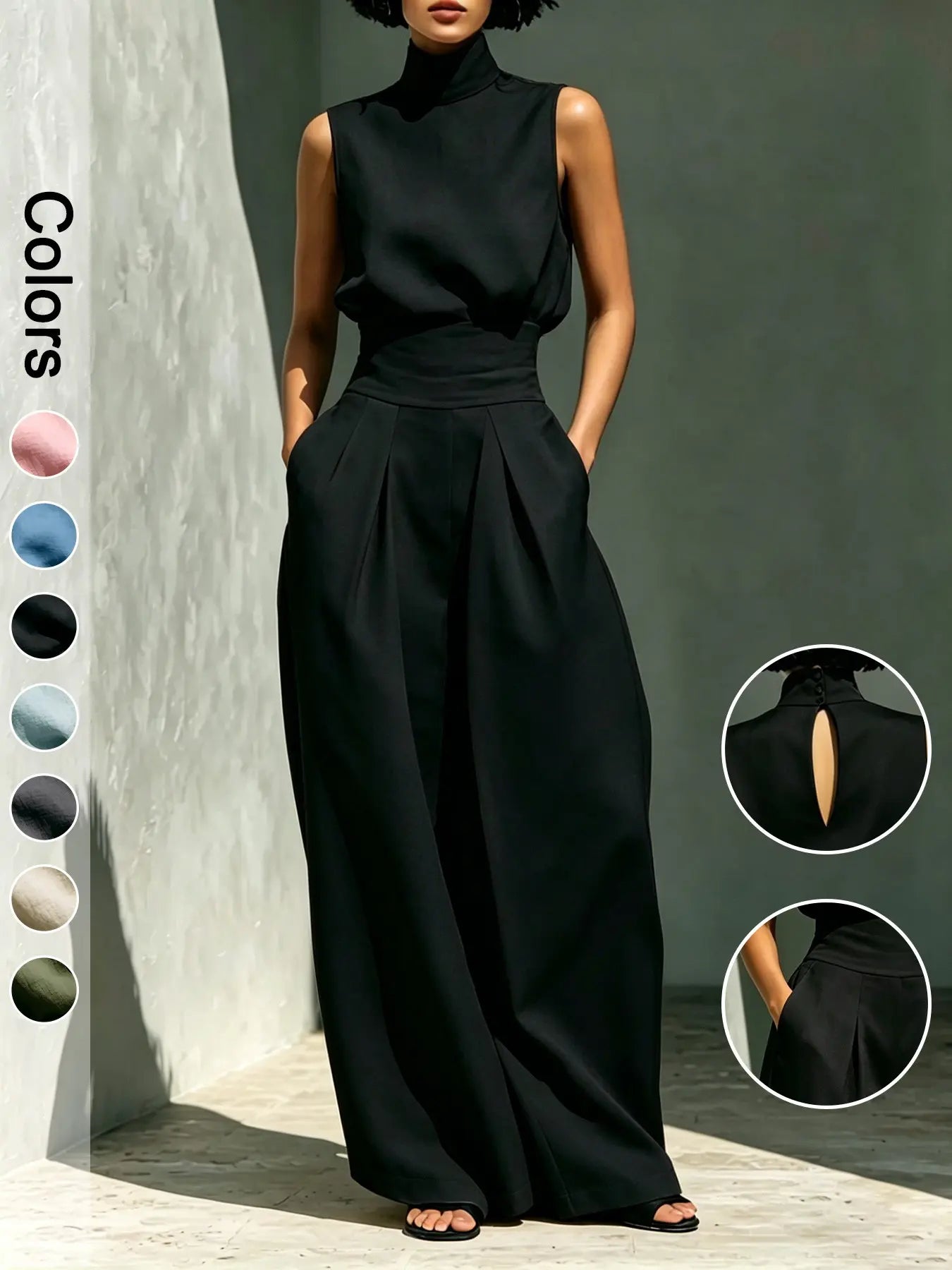 Ensemble deux pièces pour femme, haut sans manches à col montant et pantalon long, ensemble élégant avec pantalon large taille haute, tenue tendance pour femme