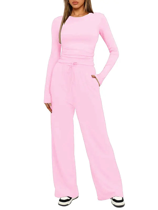 Ensemble de détente femme uni, froncé et à cordon de serrage, haut décontracté à manches longues et col rond et pantalon large à poches, pyjama femme pour toutes les saisons
