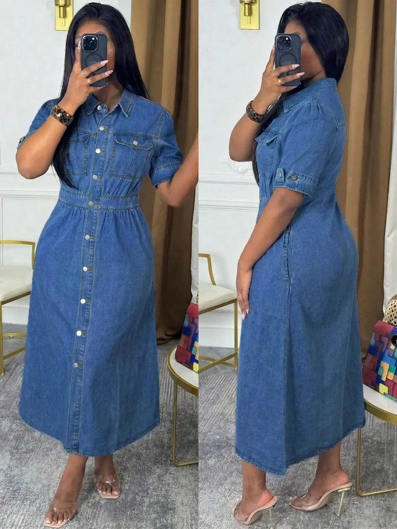 Robe Chemise en Jean Chic - Coupe Midi Boutonnée avec Poches Poitrine et Manches Retroussées | Robe en Jean Décontractée Facile à Porter