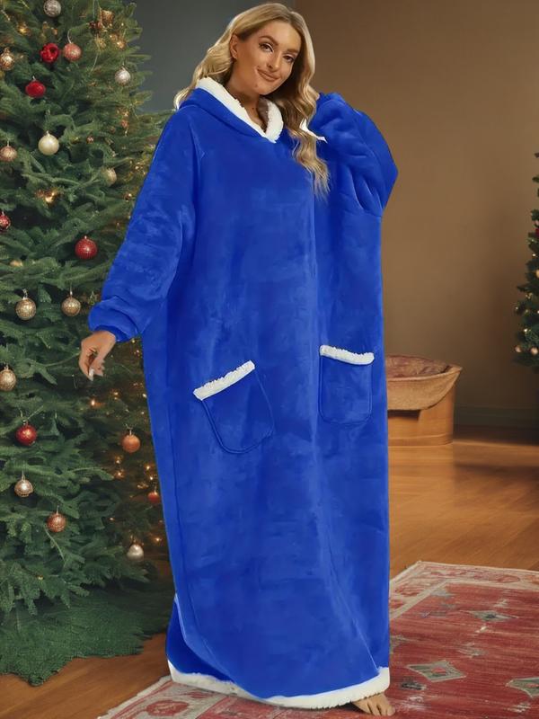 Robe longue à capuche en flanelle de coton mélangé automne-hiver, motif Noël, vêtement d'intérieur doux et confortable avec poche verticale, style uni décontracté