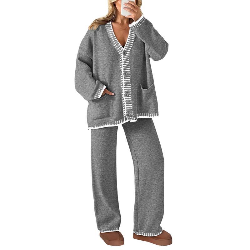 Ensemble 2 pièces tricoté pour femme, tenues d'hiver assorties, loungewear, cardigans à manches longues et col en V, pantalons amples, survêtements