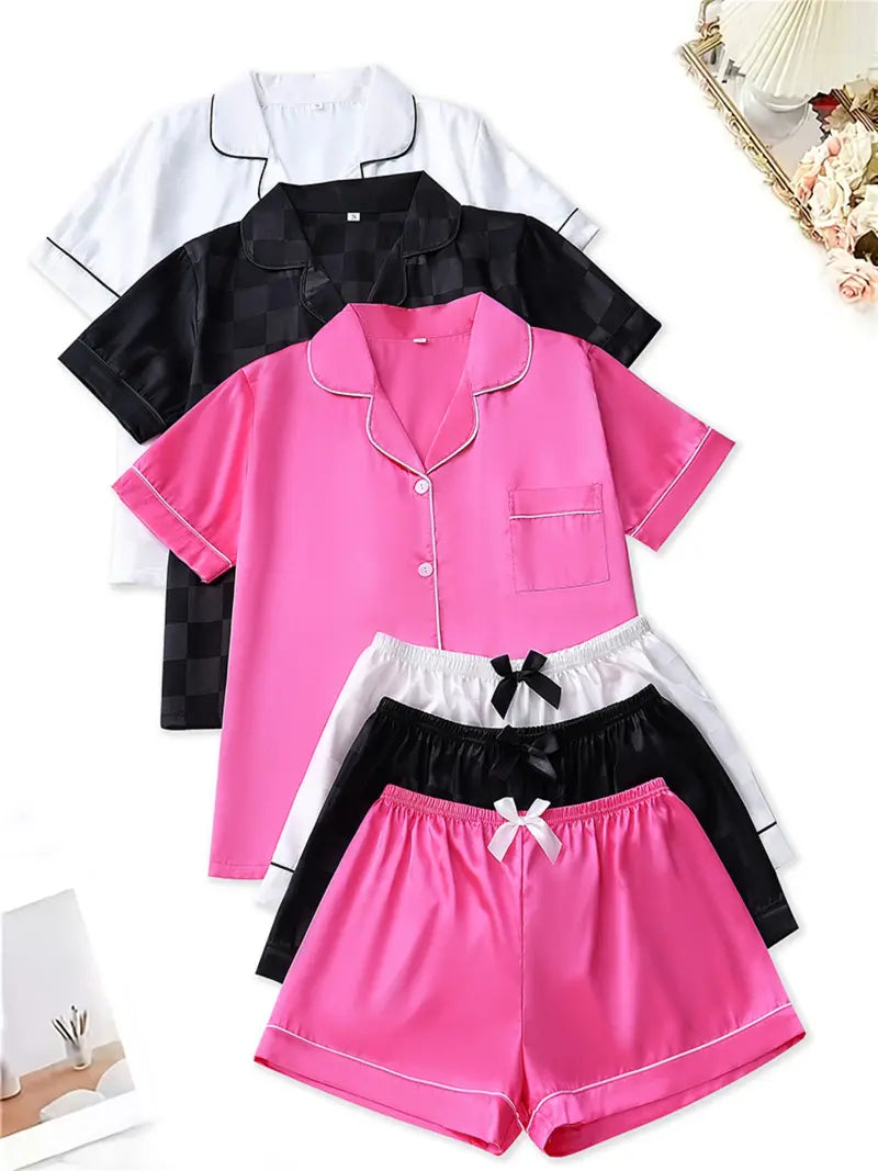 Ensemble de pyjama pour femme de couleur unie avec nœud contrastant, chemise à manches courtes boutonnée avec col à revers et short, pyjama d'été pour femme et vêtements de détente