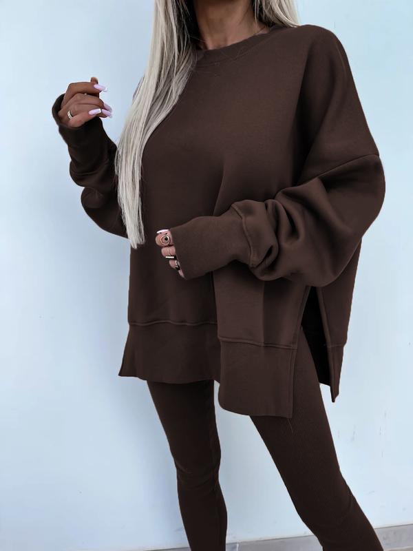 Oversize Two-Piece Set Women's  Split Hem Sweatshirt & Skinny Pants, Casual Fashion Cozy Round Neck Long Sleeve Pullover Women's Clothing for Fall & Basic Winter  Suits Womenswear Gamis