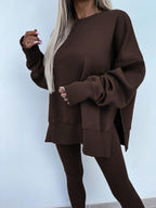 Oversize Two-Piece Set Women's  Split Hem Sweatshirt & Skinny Pants, Casual Fashion Cozy Round Neck Long Sleeve Pullover Women's Clothing for Fall & Basic Winter  Suits Womenswear Gamis