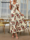 Women's Floral Print Button Front Dress, Boho French Style Short Sleeve Dress for Summer, Women's Clothes for Beach Vacation Holiday
