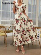 Women's Floral Print Button Front Dress, Boho French Style Short Sleeve Dress for Summer, Women's Clothes for Beach Vacation Holiday