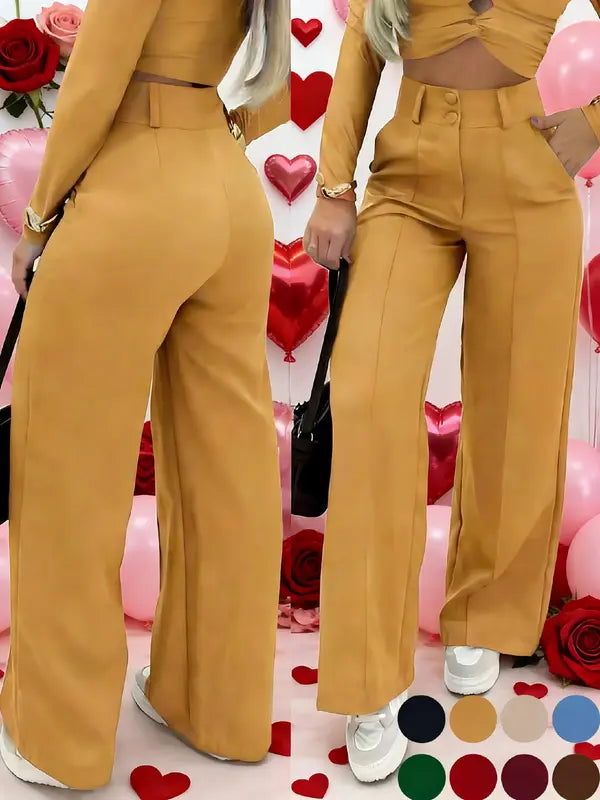 Pantalon large simple pour femme avec double boutonnage, pièce essentielle polyvalente pour les trajets quotidiens, élégante tenue de bureau