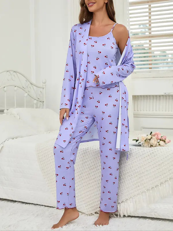 Ensemble nuisette et pantalon à bretelles pour femme à imprimé cerises
