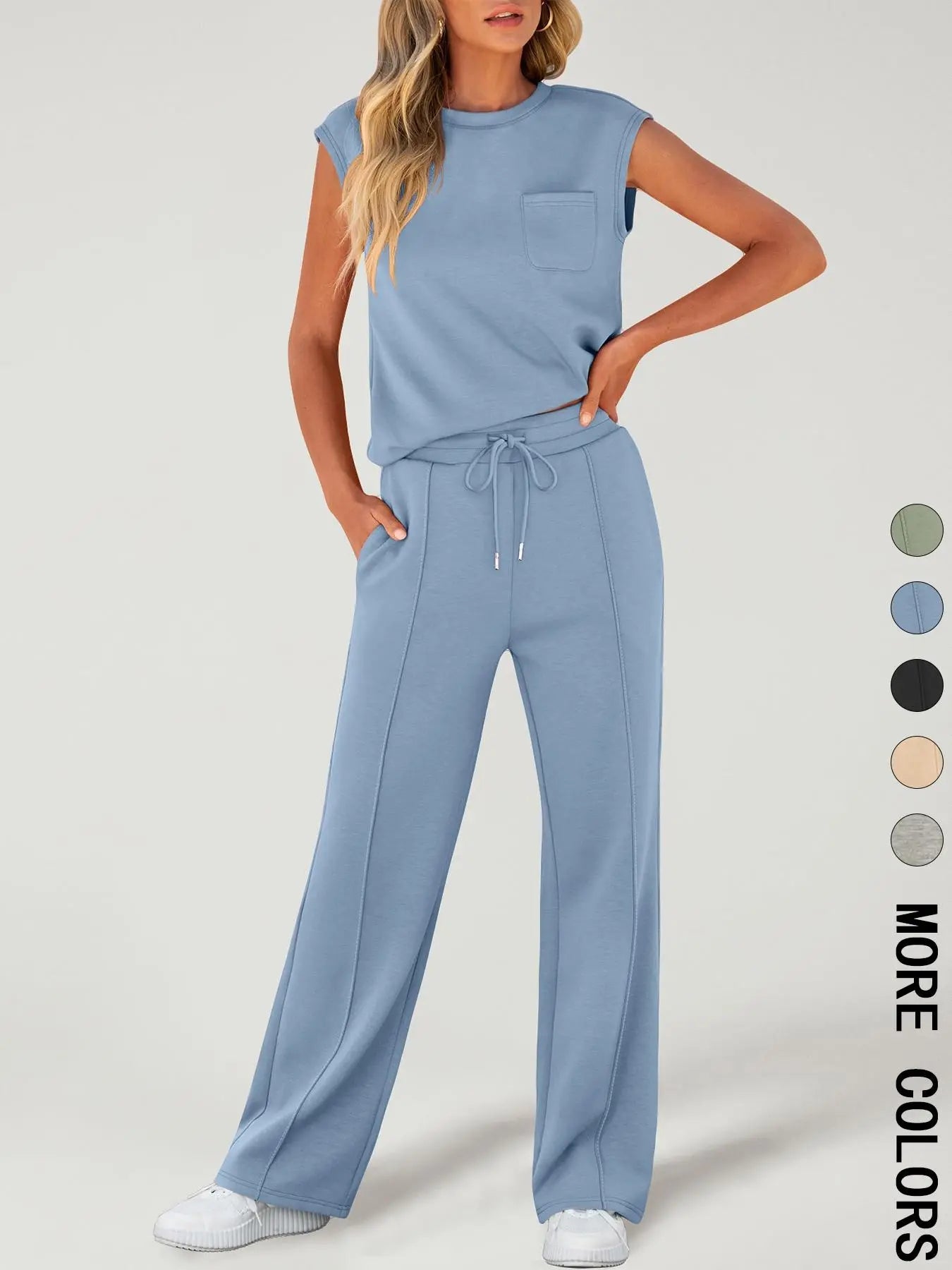 Ensemble deux pièces décontracté pour femme, débardeur uni et pantalon à cordon de serrage, haut sans manches à col rond et pantalon pour un usage quotidien, tenues deux pièces pour femmes toutes saisons