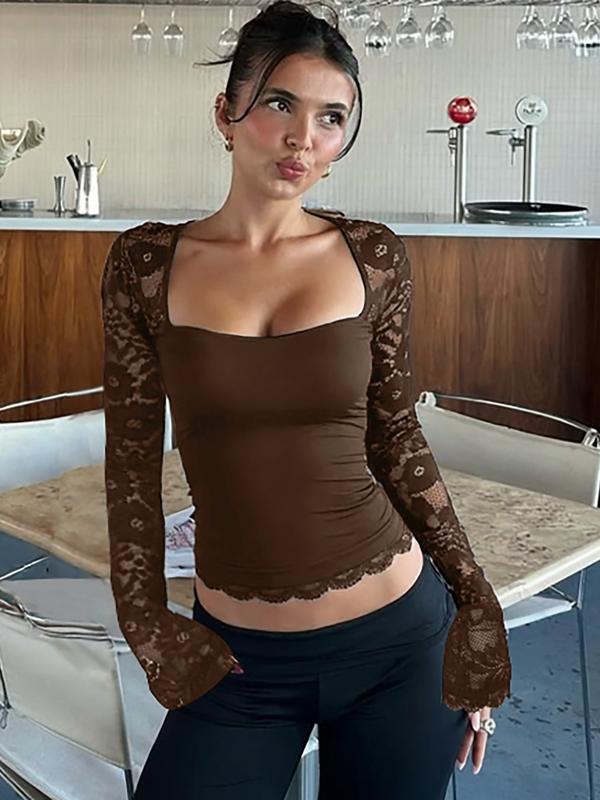 T-shirt à manches longues transparentes avec volants et dentelle florale pour femme, motif floral sexy, coupe ajustée, idéal pour les fêtes, les clubs et les vacances, vêtements d'été pour femme, haut