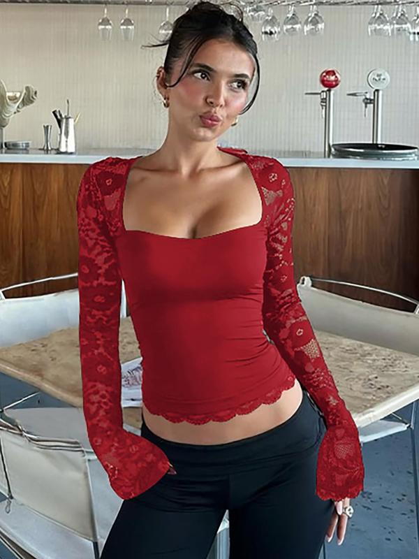 T-shirt à manches longues transparentes avec volants et dentelle florale pour femme, motif floral sexy, coupe ajustée, idéal pour les fêtes, les clubs et les vacances, vêtements d'été pour femme, haut