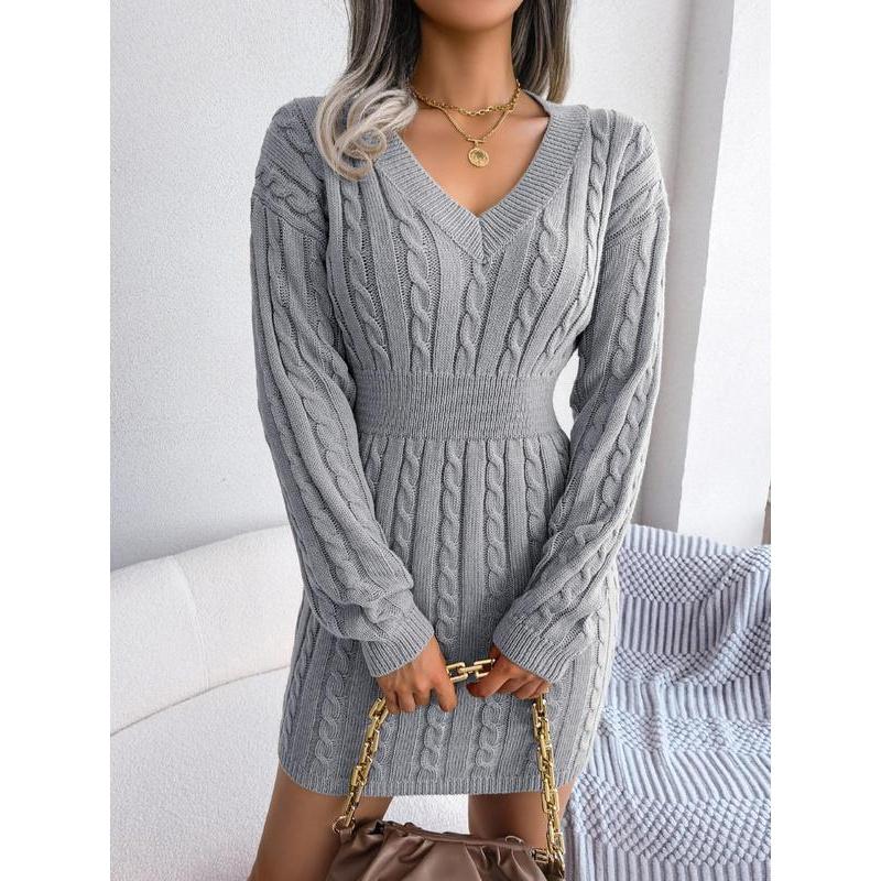 Robe pull en tricot torsadé douillet à col en V pour femme – Robe longue texturée douce à épaules tombantes pour l'automne et l'hiver