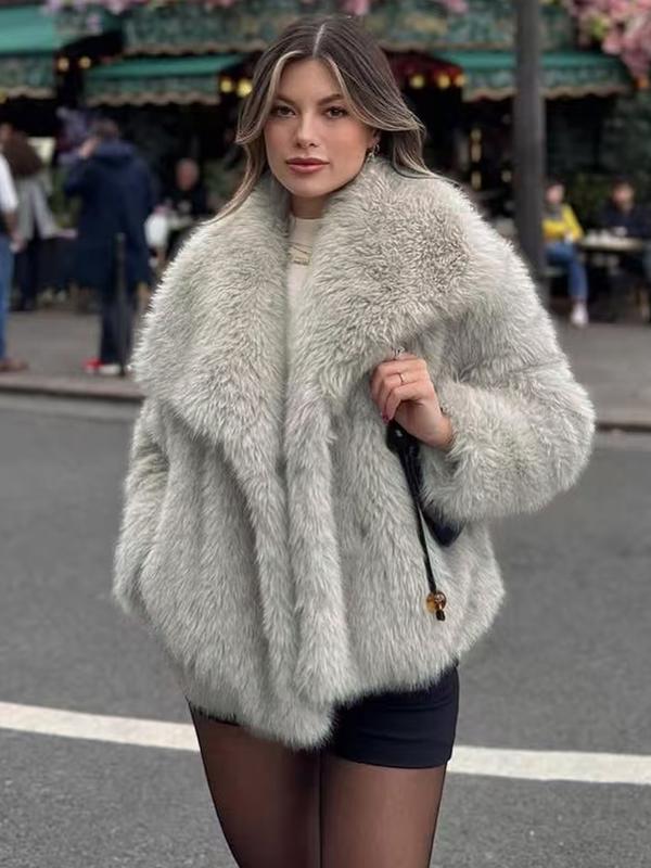 Veste en fausse fourrure unie pour femme, manteau décontracté à col et manches longues pour l'automne et l'hiver, vêtements quotidiens pour femme, hauts mignons