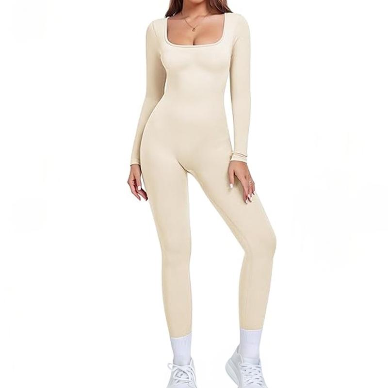 Combinaison de Yoga Sans Couture à Manches Longues et Col en U pour Femme, Combinaison Unie pour Tenue Quotidienne en Extérieur, Vêtements de Sport Simples avec Trous pour les Pouces