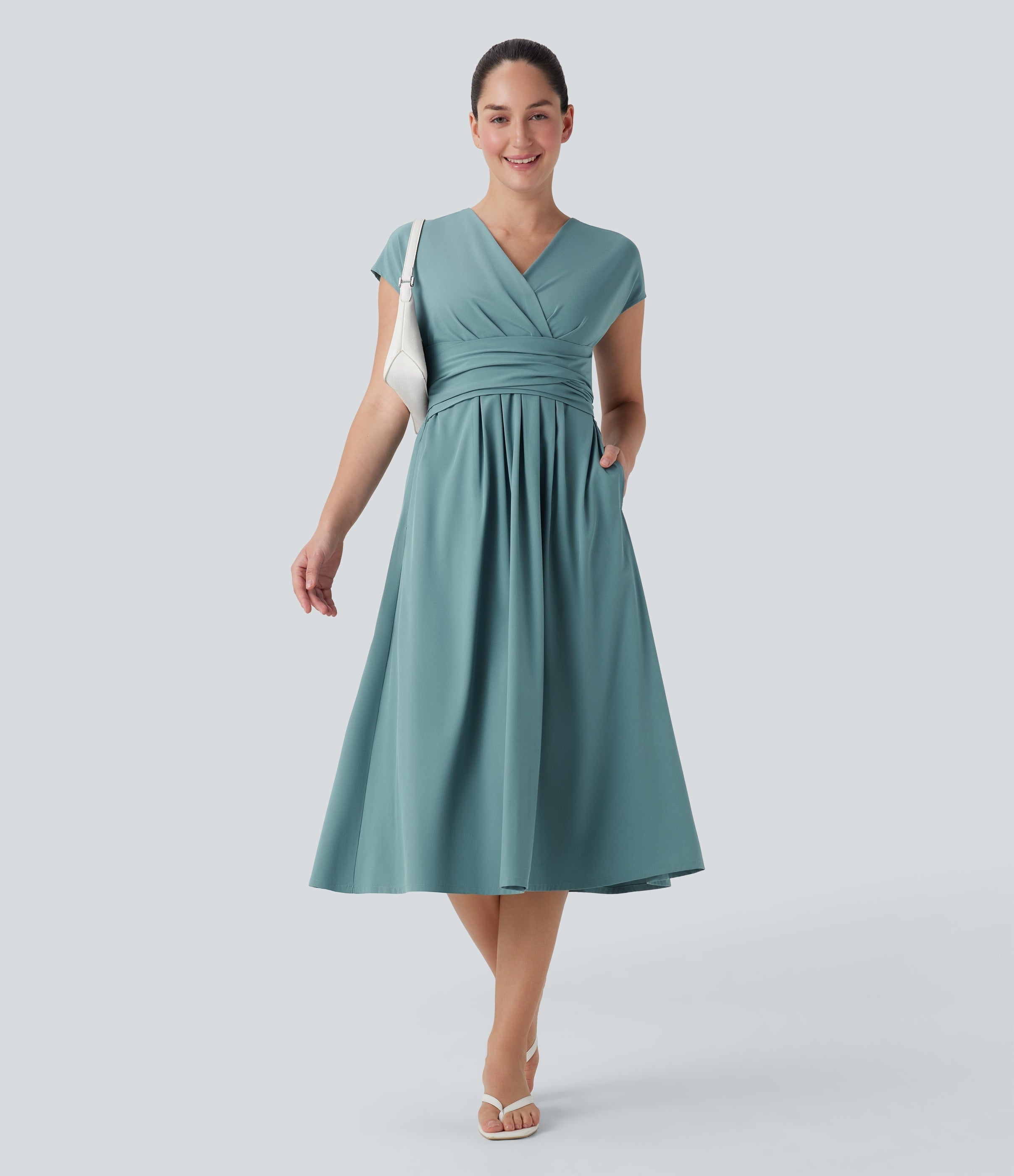 Robe midi décontractée, col en V, manches courtes, poches latérales, dos noué, séchage rapide