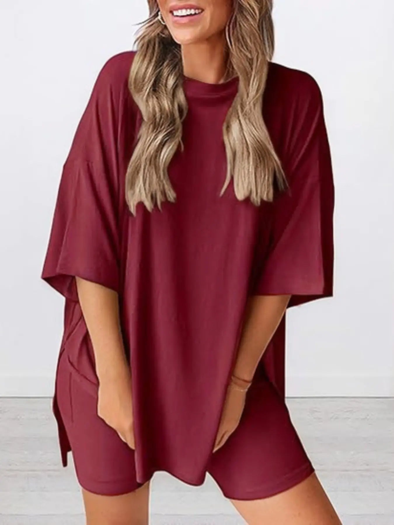 Ensemble T-shirt uni et short moulant pour femme, vêtement de nuit décontracté d'été à col rond, confortable, avec poches, pour l'extérieur