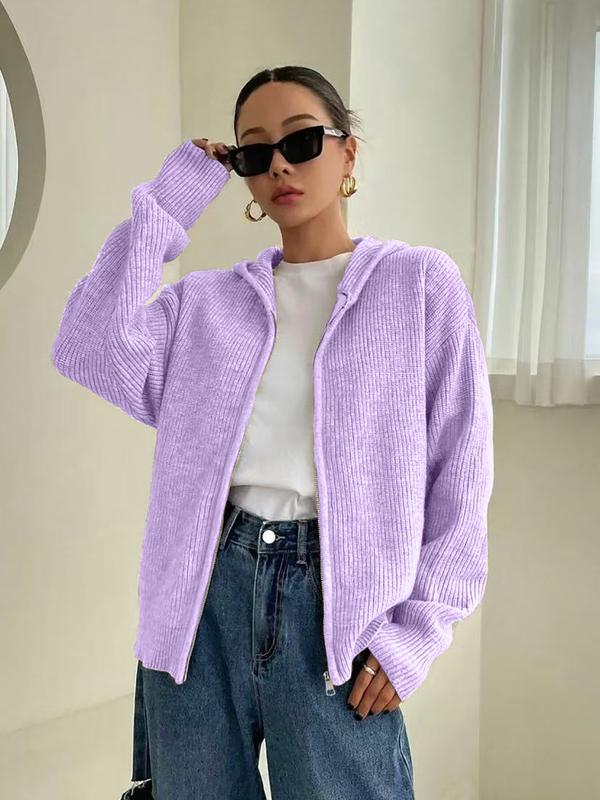 Cardigan à capuche zippé de couleur unie pour femme, en tricot décontracté à manches longues pour l'automne et l'hiver, vêtement en maille tendance pour femme pour le quotidien