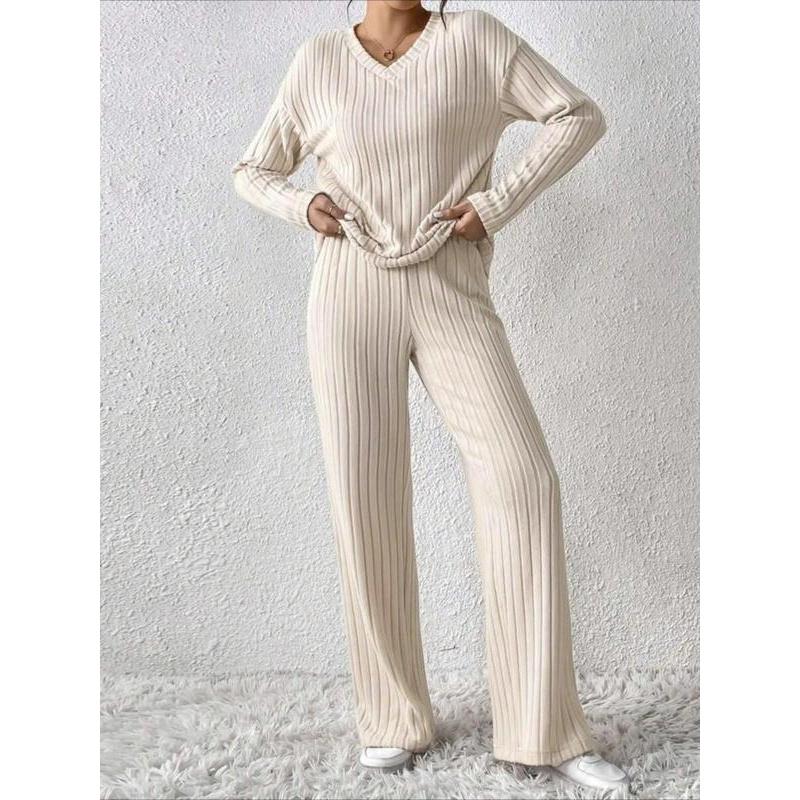Ensemble de détente solide pour femmes avec poches et épaules tombantes, haut décontracté à manches longues et col en V et pantalon à jambes droites, ensemble deux pièces pour femmes, pyjama
