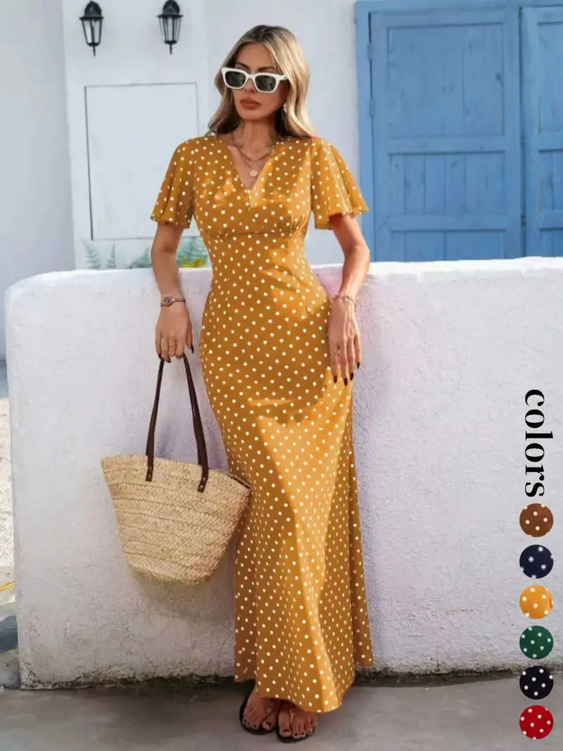 Robe longue bohème à col en V et manches courtes pour femmes, style décontracté à pois pour les vacances, nouvelle mode européenne et américaine