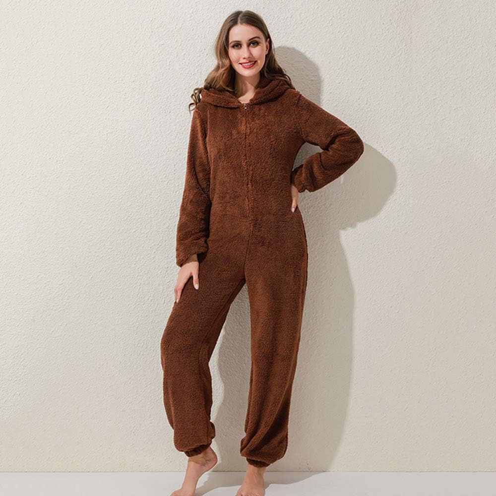 Combinaison Pyjama Polaire Femme Combinaison Polaire Chaude Combinaison Nuit Une Pièce Zippée à Capuche Vêtement de Détente