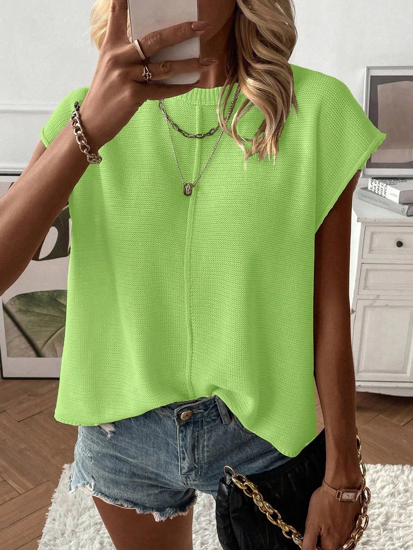 Gilet pull femme de couleur unie, haut tricoté décontracté à col rond pour l'été, tricot femme tendance pour le quotidien