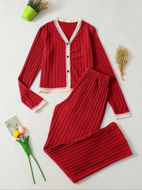 Ensemble de Pyjama Col V Manches Longues Femme, Vêtements de Nuit Ajustés Décontractés pour Toutes les Saisons, Tenue d'Intérieur Élégante, Nouveauté 2 Pièces