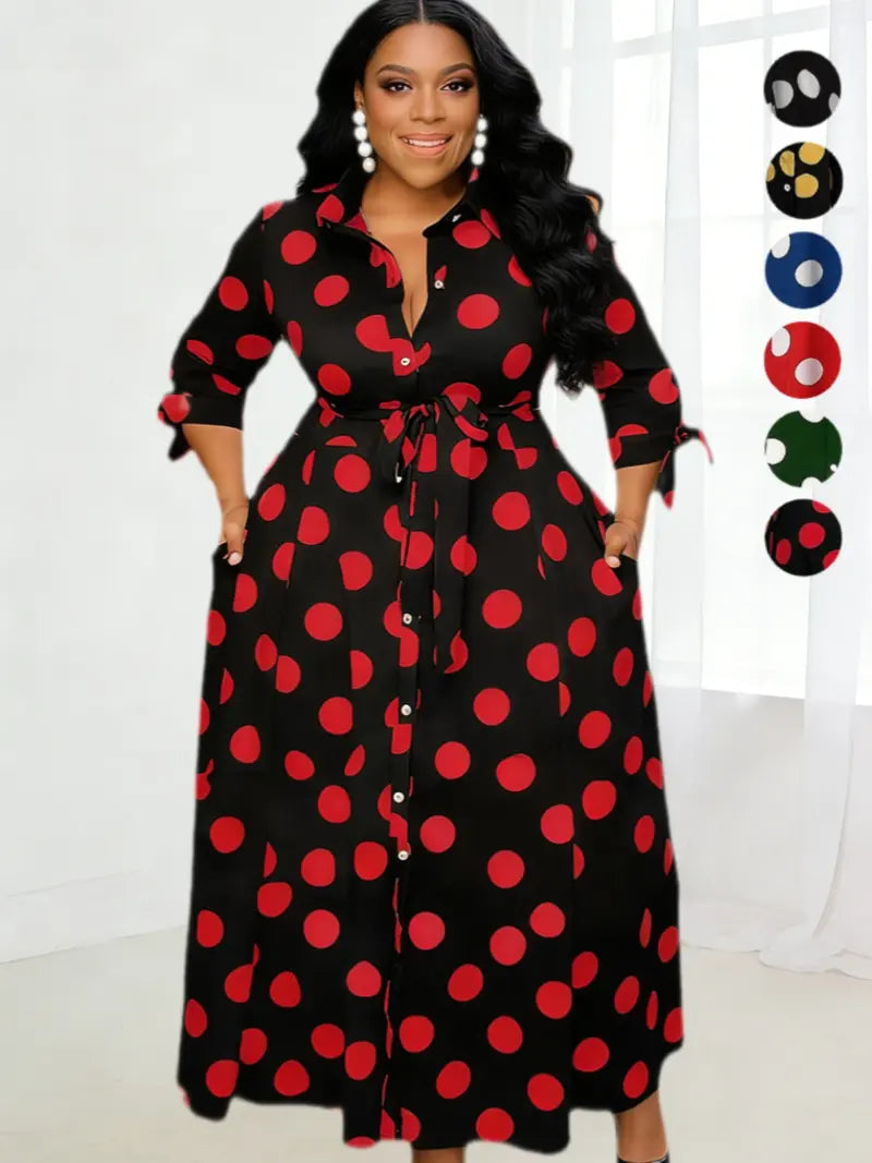 Robe chemise grande taille à pois avec ceinture et boutons devant