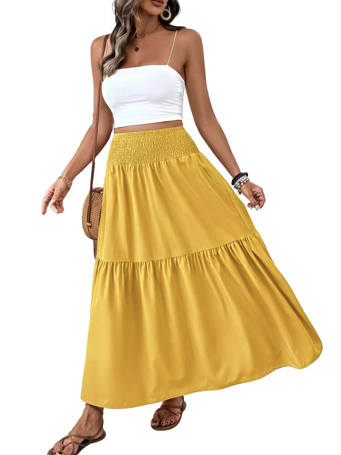 Jupe trapèze décontractée fleurie pour femme, taille élastique, poches, ourlet feuille, jupe longue ajustée, robe mi-longue tendance