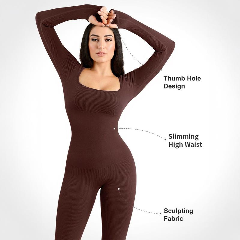 Combinaison de Yoga Sans Couture à Manches Longues et Col en U pour Femme, Combinaison Unie pour Tenue Quotidienne en Extérieur, Vêtements de Sport Simples avec Trous pour les Pouces