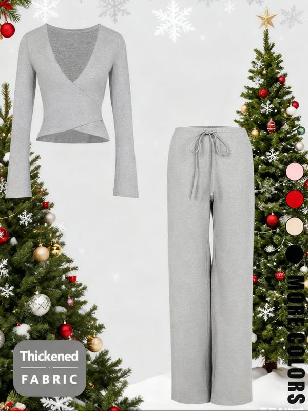 Ensemble sexy haut col en V et pantalon long tendance pour les fêtes de Noël, coupe ajustée, motif uni, style printemps-automne