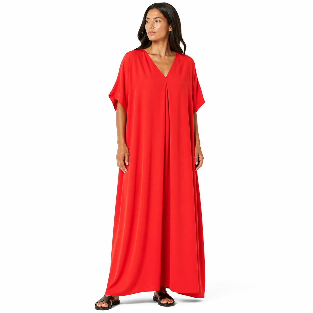 Robe longue, ample et fluide à col en V pour femme – chic et confortable pour l'été.