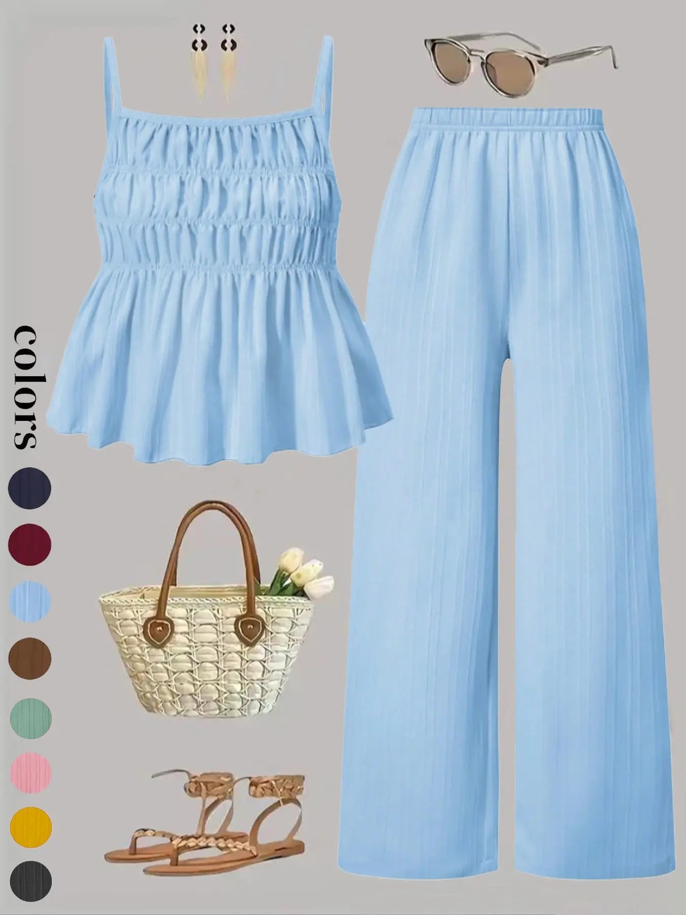 Ensemble deux pièces pour femme, caraco de couleur unie et pantalon large